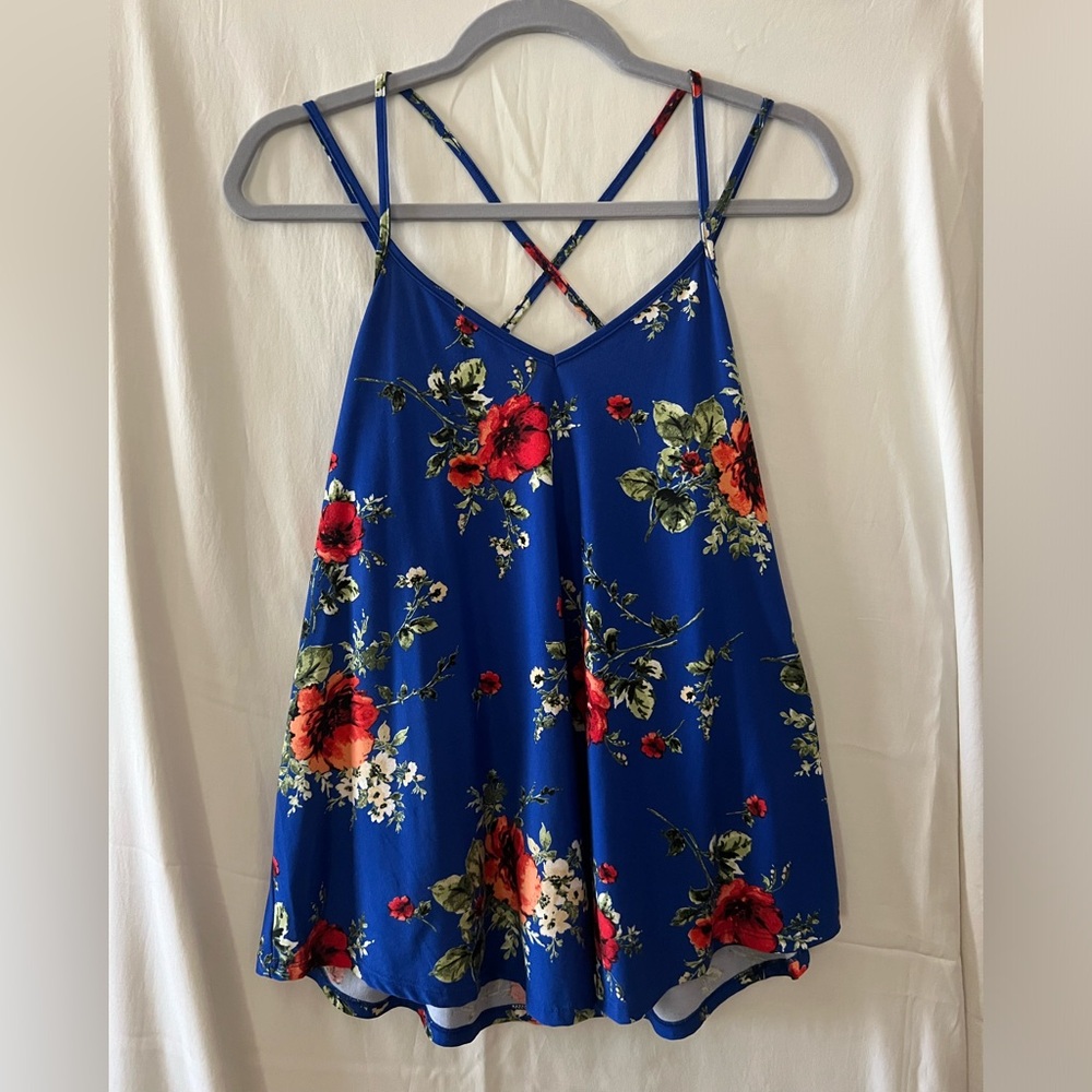 Papermoon Women's Blue Floral Spaghetti Strap Sleeveless Top Size Med